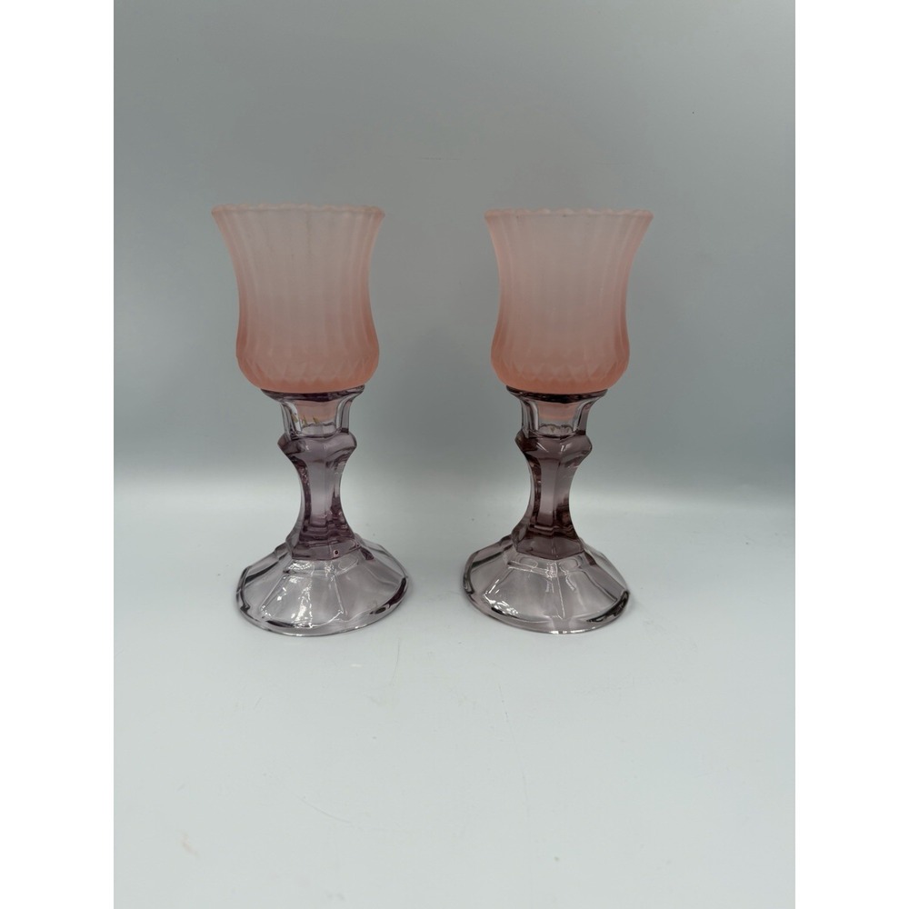 VTG Homco Pink Tulip Votive/taper Peg Cups Purple Glass Candle Holders Set of 2